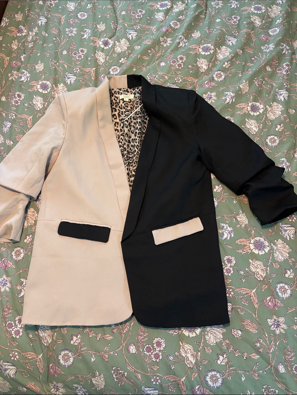 Two-Tone Black and Cream Blazer with Leopard Lining